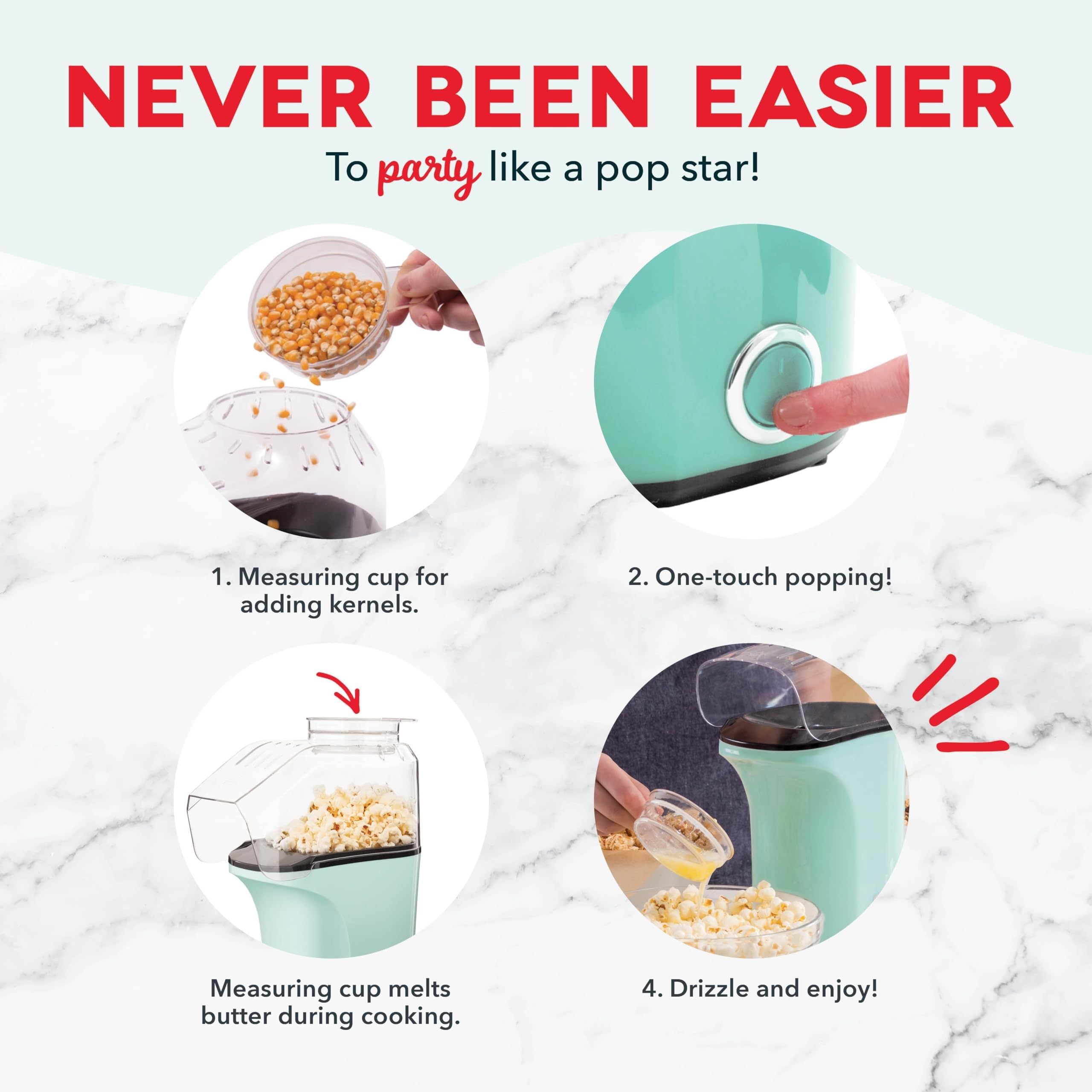 Dash Hot Air Popcorn Popper Maker With Measuring Cup To Portion Popping Corn Kernels + Melt Butter, 16 Cups - Aqua